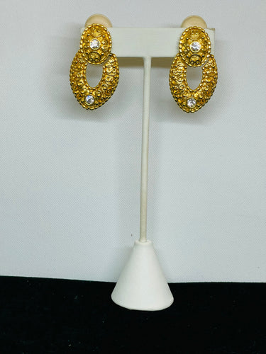 Gold Textured Door Knocker Earrings with Rhinestones